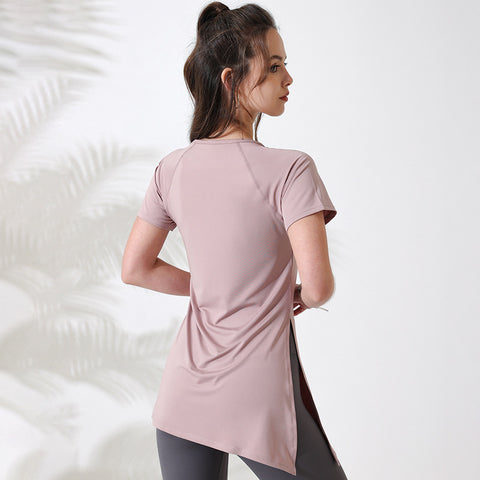 Yoga T-shirt, short sleeves, yoga wear, top, long, round neck, 5 colors available, thin, hip concealment, drawstring, shirring, side slits, quick drying, casual, popular, body coverage, loose, breathable, slim, elegant, running, fitness, sports, S~L