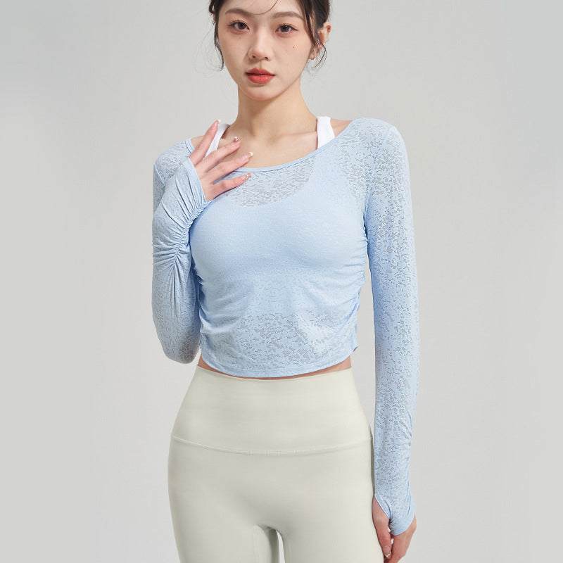 ヨガtシャツ ヨガトップス 長袖 カーブヘム 背中開き 羽織り 指穴 フリル 透け ナチュラル ラウンドネック 全5色 背中が可愛い フィットネス スポーツ ランニング 速乾 ゆったり 薄手 通気性 シースルー 骨格ストレート S-XL