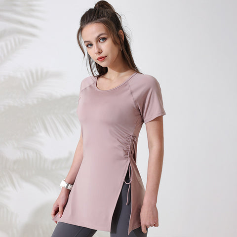 Yoga T-shirt, short sleeves, yoga wear, top, long, round neck, 5 colors available, thin, hip concealment, drawstring, shirring, side slits, quick drying, casual, popular, body coverage, loose, breathable, slim, elegant, running, fitness, sports, S~L