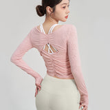 ヨガtシャツ ヨガトップス 長袖 カーブヘム 背中開き 羽織り 指穴 フリル 透け ナチュラル ラウンドネック 全5色 背中が可愛い フィットネス スポーツ ランニング 速乾 ゆったり 薄手 通気性 シースルー 骨格ストレート S-XL