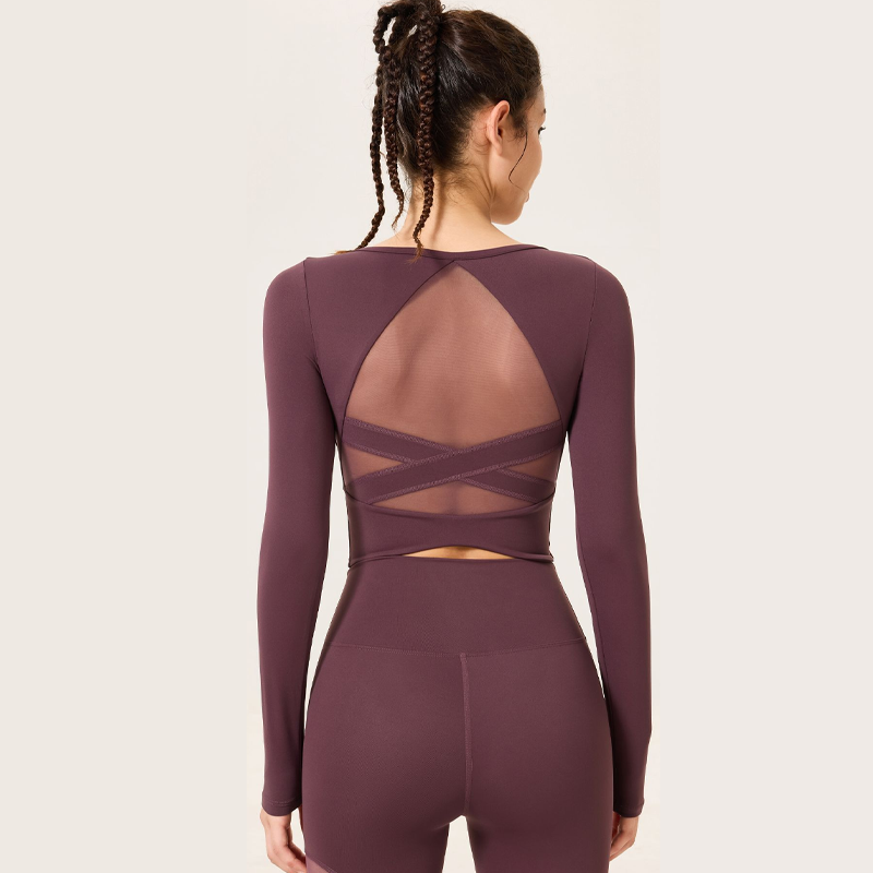 ヨガウェア トップス カップ付き 背中開き メッシュ 羽織り ワイヤーなし 長袖 パッド入り フィットネス ランニング 細見え 通気性 きれいめ 透け Uネック 無地