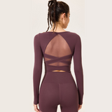 ヨガウェア トップス カップ付き 背中開き メッシュ 羽織り ワイヤーなし 長袖 パッド入り フィットネス ランニング 細見え 通気性 きれいめ 透け Uネック 無地