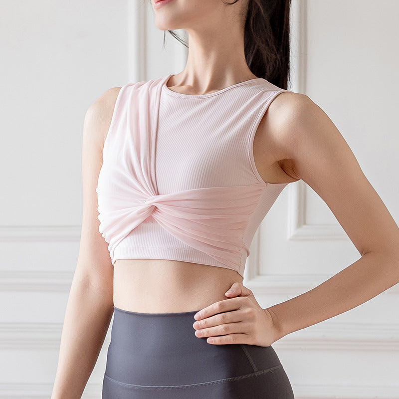 タンクトップ ヨガウェア カップ付き へそ出し 広幅肩紐 クロス メッシュ ラウンドネック スポーツ フィットネス ランニング おしゃれ 全3色 S-XL