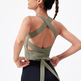 ヨガトップス リボン スクエアネック カップ付き 背中開き 揺れない ワイヤーなし 広幅肩紐 バッククロス スポーツ フィットネス ピラティス ランニング ストレッチ 無地 全8色