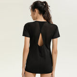 Yoga top, short sleeves, round neck, 4 colors to choose from, breathable, quick drying, sweat absorbing, contrasting, tulle, stylish, simple, casual, elegant, retro, sexy, S~XL
