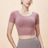 夏の新スタイルバタフライバックスポーツ半袖女性の裾を広げたアウトドアスポーツウェア取り外し可能な胸パッドトップ Tシャツ