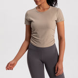 ヨガtシャツ 半袖 ストレッチ シャーリング ラウンドネック リブ クロップド丈 スポーツ ランニング  速乾 細見え 体型カバー 全6色 ヨガトップス 羽織り S-XL