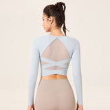 ヨガウェア トップス カップ付き 背中開き メッシュ 羽織り ワイヤーなし 長袖 パッド入り フィットネス ランニング 細見え 通気性 きれいめ 透け Uネック 無地