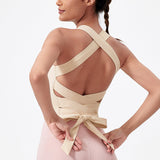 ヨガトップス リボン スクエアネック カップ付き 背中開き 揺れない ワイヤーなし 広幅肩紐 バッククロス スポーツ フィットネス ピラティス ランニング ストレッチ 無地 全8色