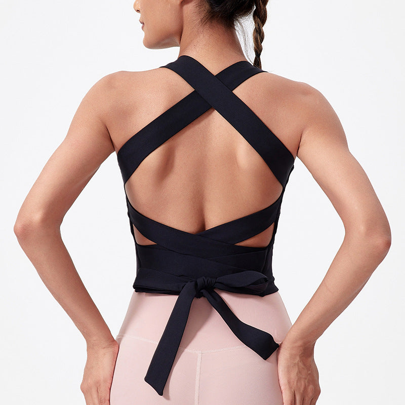 ヨガトップス リボン スクエアネック カップ付き 背中開き 揺れない ワイヤーなし 広幅肩紐 バッククロス スポーツ フィットネス ピラティス ランニング ストレッチ 無地 全8色