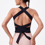 ヨガトップス リボン スクエアネック カップ付き 背中開き 揺れない ワイヤーなし 広幅肩紐 バッククロス スポーツ フィットネス ピラティス ランニング ストレッチ 無地 全8色