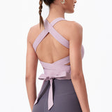 ヨガトップス リボン スクエアネック カップ付き 背中開き 揺れない ワイヤーなし 広幅肩紐 バッククロス スポーツ フィットネス ピラティス ランニング ストレッチ 無地 全8色