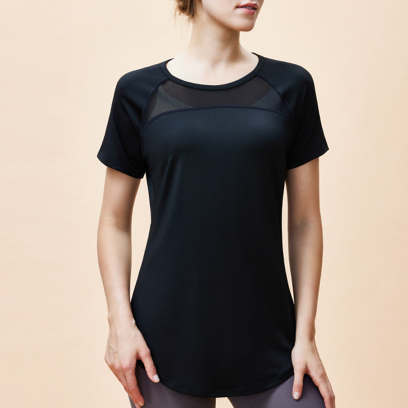 新しいスタイルのメッシュ通気性ヨガ半袖女性の吸湿発散性、ウエストカバーお尻カバー痩身ロングアークスイングヨガウェア Tシャツ