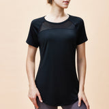 新しいスタイルのメッシュ通気性ヨガ半袖女性の吸湿発散性、ウエストカバーお尻カバー痩身ロングアークスイングヨガウェア Tシャツ