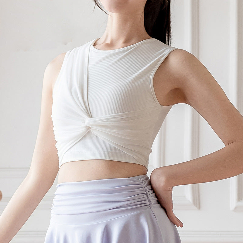 タンクトップ ヨガウェア カップ付き へそ出し 広幅肩紐 クロス メッシュ ラウンドネック スポーツ フィットネス ランニング おしゃれ 全3色 S-XL