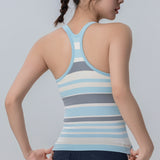 ヨガタンクトップ カップ付き 背中開き 羽織り ワイヤーなし 広幅肩紐  フィットネス スポーツ 速乾 快適 ラウンドネック ボーダー柄