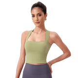 ヨガトップス リボン スクエアネック カップ付き 背中開き 揺れない ワイヤーなし 広幅肩紐 バッククロス スポーツ フィットネス ピラティス ランニング ストレッチ 無地 全8色