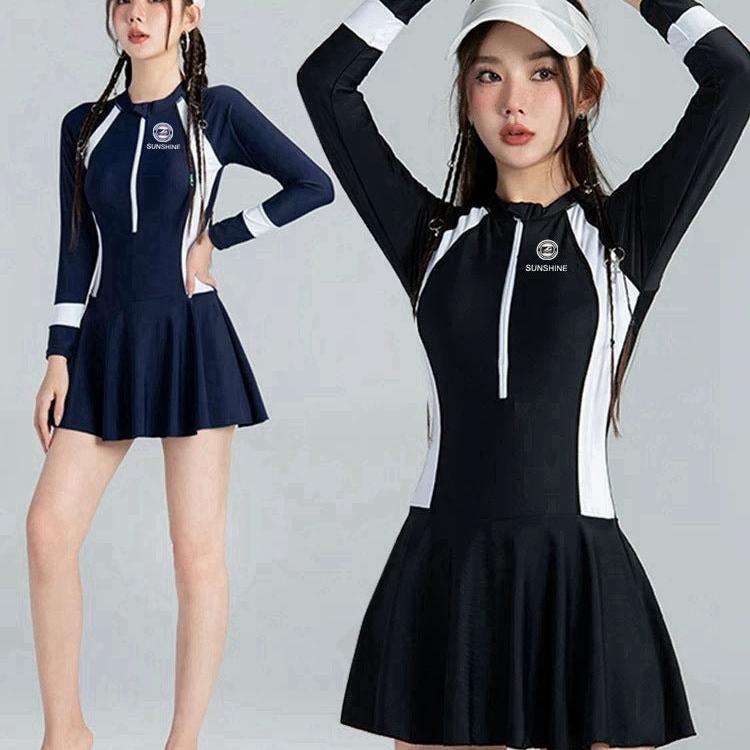 黒と白のカラーマッチングワンピーススポーツ水着、胸をカバーするために集まった女性用、痩身スイムスカート日焼け防止ドレス、通気性のある卸売