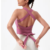 ヨガトップス リボン スクエアネック カップ付き 背中開き 揺れない ワイヤーなし 広幅肩紐 バッククロス スポーツ フィットネス ピラティス ランニング ストレッチ 無地 全8色