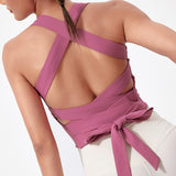 ヨガトップス リボン スクエアネック カップ付き 背中開き 揺れない ワイヤーなし 広幅肩紐 バッククロス スポーツ フィットネス ピラティス ランニング ストレッチ 無地 全8色