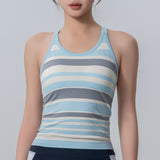 ヨガタンクトップ カップ付き 背中開き 羽織り ワイヤーなし 広幅肩紐  フィットネス スポーツ 速乾 快適 ラウンドネック ボーダー柄