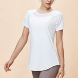 新しいスタイルのメッシュ通気性ヨガ半袖女性の吸湿発散性、ウエストカバーお尻カバー痩身ロングアークスイングヨガウェア Tシャツ