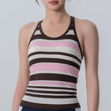 ヨガタンクトップ カップ付き 背中開き 羽織り ワイヤーなし 広幅肩紐  フィットネス スポーツ 速乾 快適 ラウンドネック ボーダー柄