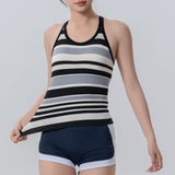 ヨガタンクトップ カップ付き 背中開き 羽織り ワイヤーなし 広幅肩紐  フィットネス スポーツ 速乾 快適 ラウンドネック ボーダー柄