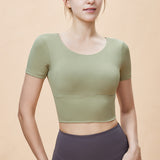 夏の新スタイルバタフライバックスポーツ半袖女性の裾を広げたアウトドアスポーツウェア取り外し可能な胸パッドトップ Tシャツ