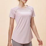 新しいスタイルのメッシュ通気性ヨガ半袖女性の吸湿発散性、ウエストカバーお尻カバー痩身ロングアークスイングヨガウェア Tシャツ