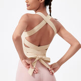 ヨガトップス リボン スクエアネック カップ付き 背中開き 揺れない ワイヤーなし 広幅肩紐 バッククロス スポーツ フィットネス ピラティス ランニング ストレッチ 無地 全8色