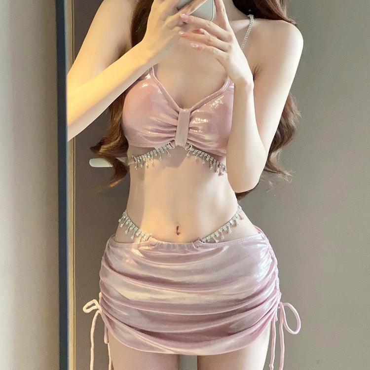 新しいソリッドカラーダブルストラッププッシュアップ巾着スカートアマゾンビキニスリーピース水着