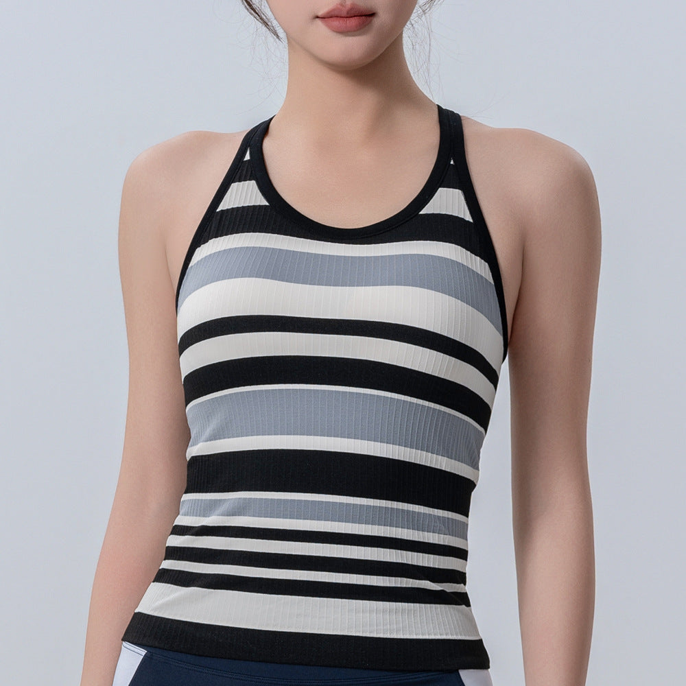 ヨガタンクトップ カップ付き 背中開き 羽織り ワイヤーなし 広幅肩紐  フィットネス スポーツ 速乾 快適 ラウンドネック ボーダー柄