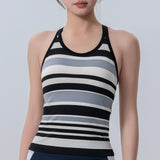 ヨガタンクトップ カップ付き 背中開き 羽織り ワイヤーなし 広幅肩紐  フィットネス スポーツ 速乾 快適 ラウンドネック ボーダー柄