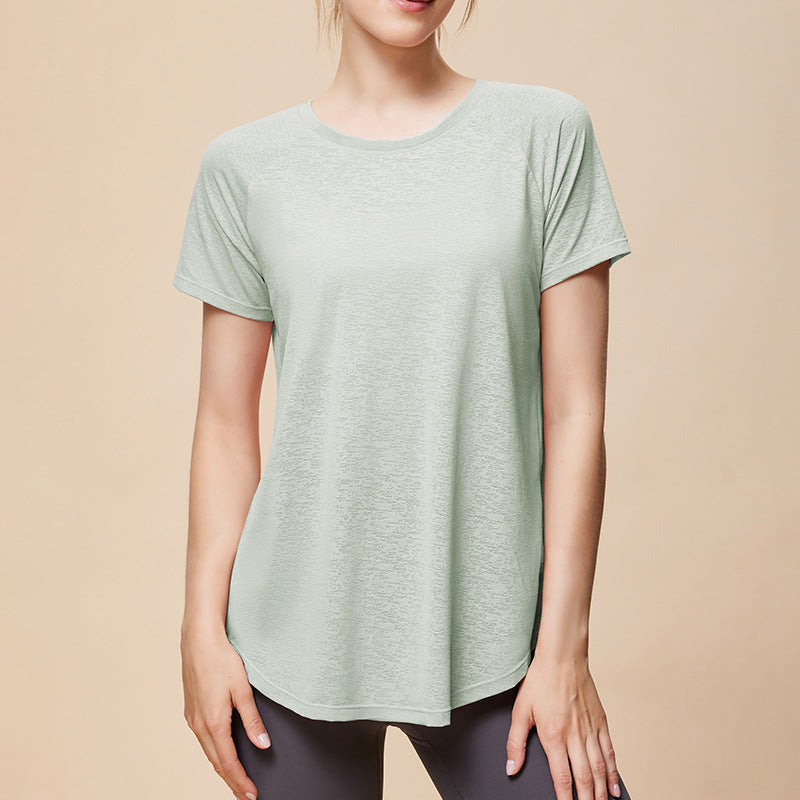 夏の新スタイルメッシュスプライシングスポーツ半袖女性の背中カバーお尻カバー Tシャツルーズ通気性ランニングフィットネストップ