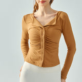 Yoga tops, cardigans, long sleeves, buttons, front opening, thin, gathered, turn-down collar, ribbed, 4 colors available, slim, flattering, won't turn up, V-neck, sports, fitness, running, stretch, S-XL