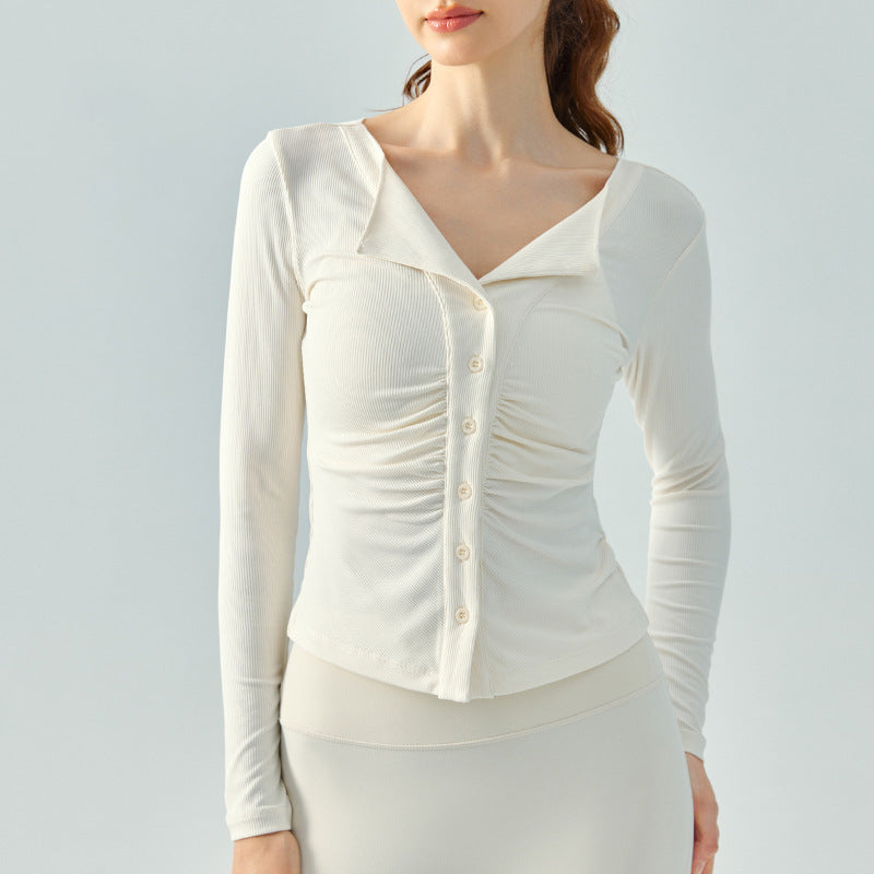 Yoga tops, cardigans, long sleeves, buttons, front opening, thin, gathered, turn-down collar, ribbed, 4 colors available, slim, flattering, won't turn up, V-neck, sports, fitness, running, stretch, S-XL