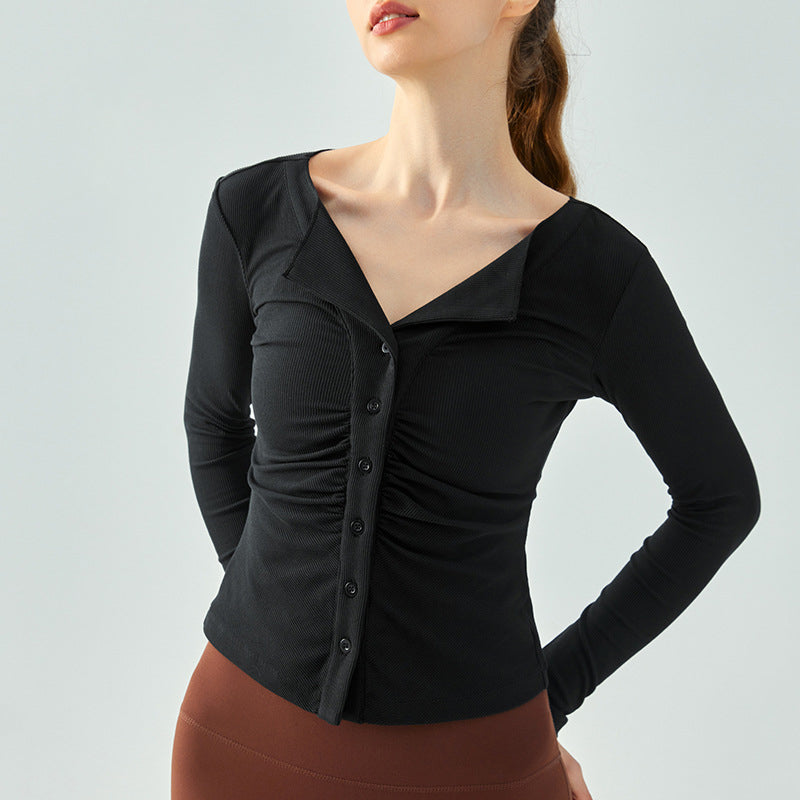 Yoga tops, cardigans, long sleeves, buttons, front opening, thin, gathered, turn-down collar, ribbed, 4 colors available, slim, flattering, won't turn up, V-neck, sports, fitness, running, stretch, S-XL