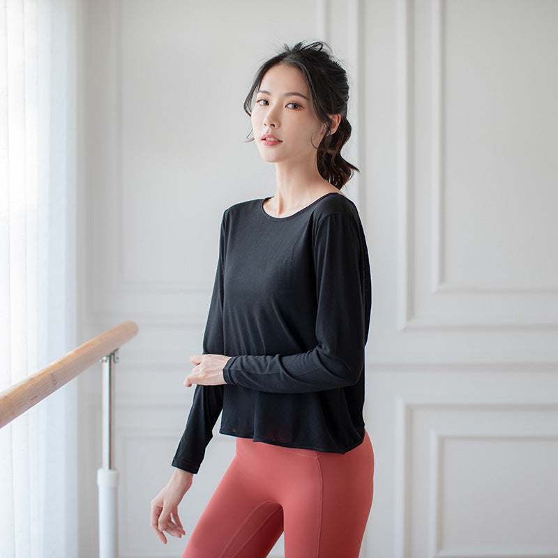 Yoga tops, long sleeves, round neck, 7 colors, breathable, quick drying, sweat absorbing, belly cover, open back, twist, wrap, elegant, stylish, cute for adults, loose, see-through, dance, Pilates, fitness, sports, gym, S~XL