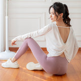 Yoga tops, long sleeves, round neck, 7 colors, breathable, quick drying, sweat absorbing, belly cover, open back, twist, wrap, elegant, stylish, cute for adults, loose, see-through, dance, Pilates, fitness, sports, gym, S~XL