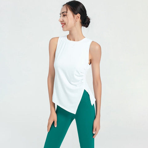 Tank tops, yoga tops, popular, yoga wear, frills, long, round neck, 5 colors, no belly, sleeveless, contrasting, breathable, quick-drying, sweat-absorbent, belly cover, thin, loose, sports, fitness, Pilates, gym, elegant, daily, S~XL