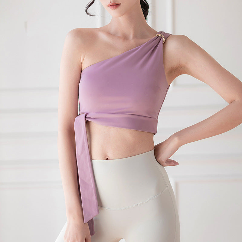 Yoga tops, bra tops, bras, 5 colors, with cups, breathable, quick-drying, stretchy, ribbon, one-shoulder, ribbon, open back, no wires, belly button exposed, stylish, recommended, Pilates, fitness, sports, S~XL