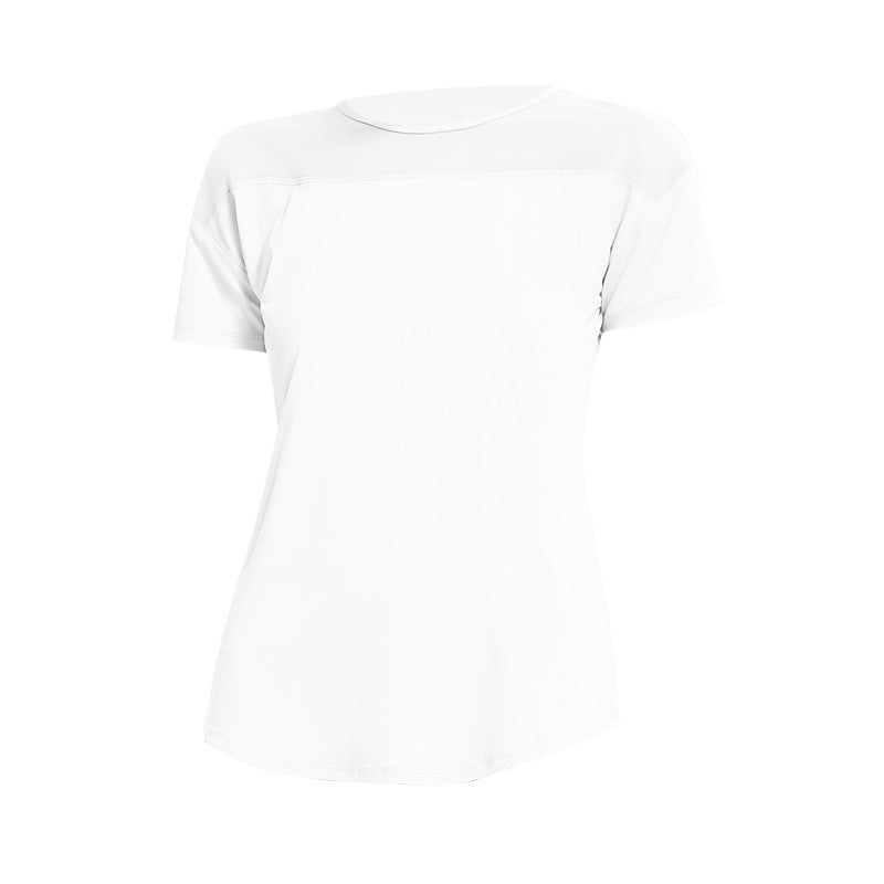 Yoga top, short sleeves, round neck, 4 colors to choose from, breathable, quick drying, sweat absorbing, contrasting, tulle, stylish, simple, casual, elegant, retro, sexy, S~XL