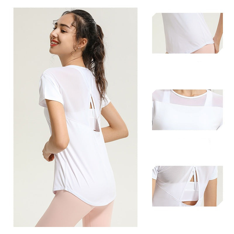 Yoga top, short sleeves, round neck, 4 colors to choose from, breathable, quick drying, sweat absorbing, contrasting, tulle, stylish, simple, casual, elegant, retro, sexy, S~XL