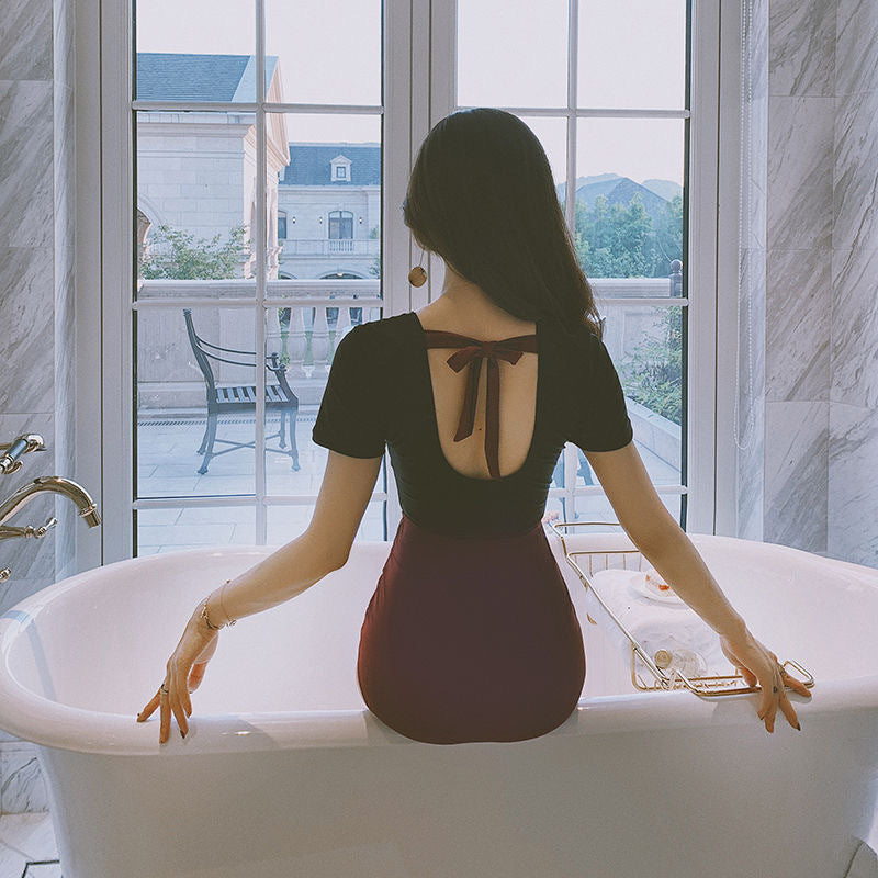 ワンピース水着 シンプル チャーミング 大人可愛い❀✿❀ お洒落 Vネック 半袖  ハイウエスト 切り替え 配色 ヒップリフト  M~XL