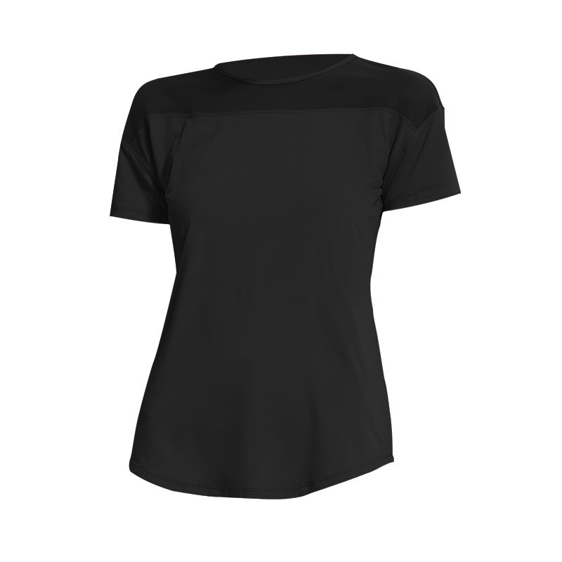 Yoga top, short sleeves, round neck, 4 colors to choose from, breathable, quick drying, sweat absorbing, contrasting, tulle, stylish, simple, casual, elegant, retro, sexy, S~XL
