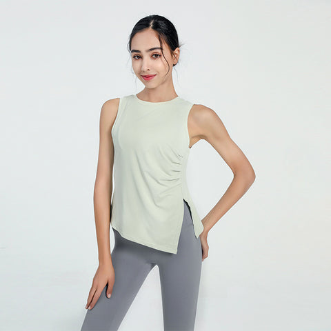 Tank tops, yoga tops, popular, yoga wear, frills, long, round neck, 5 colors, no belly, sleeveless, contrasting, breathable, quick-drying, sweat-absorbent, belly cover, thin, loose, sports, fitness, Pilates, gym, elegant, daily, S~XL