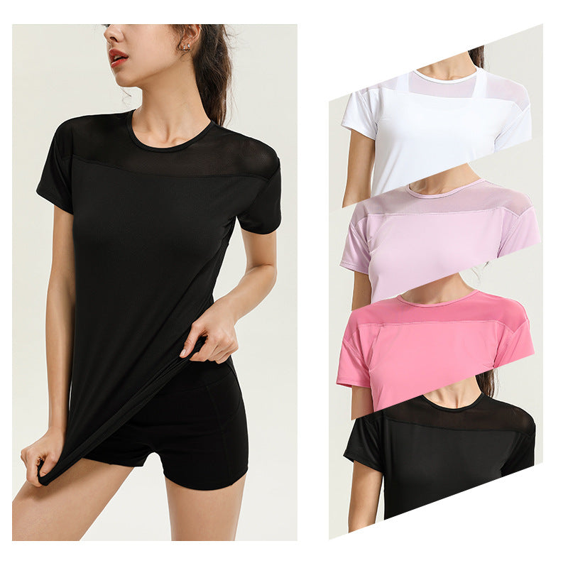 Yoga top, short sleeves, round neck, 4 colors to choose from, breathable, quick drying, sweat absorbing, contrasting, tulle, stylish, simple, casual, elegant, retro, sexy, S~XL