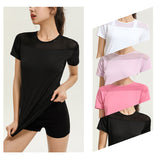 Yoga top, short sleeves, round neck, 4 colors to choose from, breathable, quick drying, sweat absorbing, contrasting, tulle, stylish, simple, casual, elegant, retro, sexy, S~XL