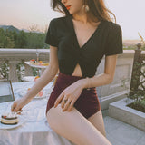 ワンピース水着 シンプル チャーミング 大人可愛い❀✿❀ お洒落 Vネック 半袖  ハイウエスト 切り替え 配色 ヒップリフト  M~XL